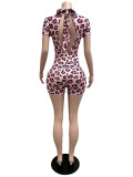Women High Stretch Ribbed Leopard Print Patchwork Lace-Up Backless Slim Fit Jumpsuit
