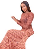 Women Chic Ruched Lace-Up Printed A Line Long Sleeve Casual Holiday Dress
