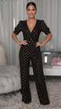 Women Fashion V Neck Shiny Polka Dot Short Sleeve Wide Leg Casual Jumpsuit