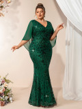Summer Fall Women V Neck Stretch Sequin Short Sleeve Shawl Plus Size Mermaid Dress
