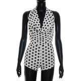 Summer Women Polka Dot Halter Neck Draped Backless Romper
