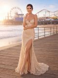Women Sexy V Neck Strap Backless Sequin Slit Long Evening Dress