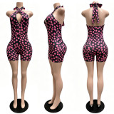 Summer Women Sexy Halter Neck Deep V Polka Dot Lace-Up Backless Slim Fit Romper Jumpsuit