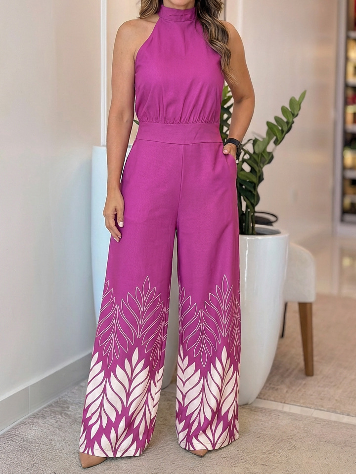 Sleeveless Halter Neck Lace-Up Jumpsuit for Holiday Parties