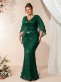 Summer Fall Women V Neck Stretch Sequin Short Sleeve Shawl Plus Size Mermaid Dress