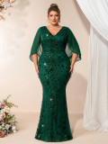Summer Fall Women V Neck Stretch Sequin Short Sleeve Shawl Plus Size Mermaid Dress