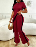 Women Fashion Colorblock Asymmetrical Open Waist Top Wide Leg Pants Set