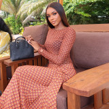 Women Chic Ruched Lace-Up Printed A Line Long Sleeve Casual Holiday Dress