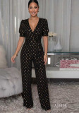 Women Fashion V Neck Shiny Polka Dot Short Sleeve Wide Leg Casual Jumpsuit