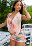 Summer Women Printed Draped Backless Beach Sexy Two Piece Skirt Set
