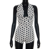 Summer Women Polka Dot Halter Neck Draped Backless Romper