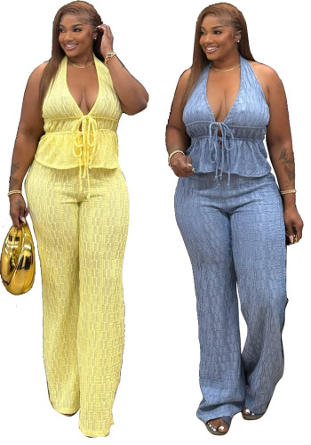 Women Casual Jacquard Sleeveless Slim Fit Pants Set