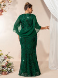 Summer Fall Women V Neck Stretch Sequin Short Sleeve Shawl Plus Size Mermaid Dress
