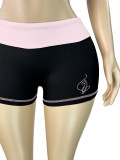 Women Fashion Letter Print Hoodie Crop Top Colorblock Shorts Set