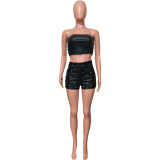 Women PU Leather Solid Patchwork Strapless Elastic Sexy Shorts Two Piece Set