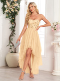Spring Summer Women Strapless Layered Mesh Irregular Party Mini Dress