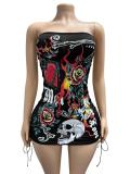 Women Sexy Dark Style Printed Lace-Up Slim Fit Dress