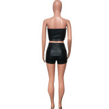 Women PU Leather Solid Patchwork Strapless Elastic Sexy Shorts Two Piece Set