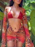 Women Sexy Printed Lace-Up Backless Beach Three Piece Bikini Swimwear