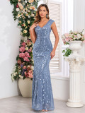 Spring Summer Women Double V Neck Stretch Sequin Lined Evening Dress