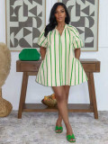 Summer Women Casual V Neck Puff Sleeve Striped Pocket Loose Mini Dress