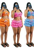 Summer Women Crochet Knitted Ruffle Strapless Lace-Up Beach Shorts Two Piece Set