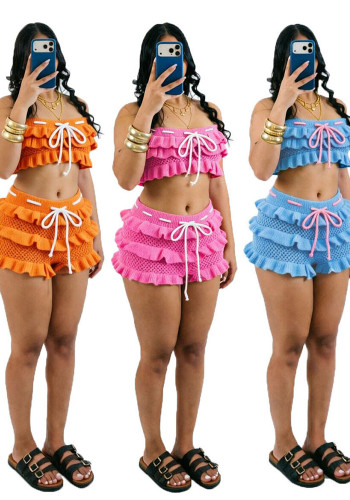 Summer Women Crochet Knitted Ruffle Strapless Lace-Up Beach Shorts Two Piece Set