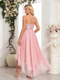 Spring Summer Women Strapless Layered Mesh Irregular Party Mini Dress