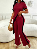 Women Fashion Colorblock Asymmetrical Open Waist Top Wide Leg Pants Set