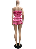 Summer Women Crochet Knitted Ruffle Strapless Lace-Up Beach Shorts Two Piece Set