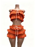 Summer Women Crochet Knitted Ruffle Strapless Lace-Up Beach Shorts Two Piece Set