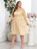 Summer Fall Women Mesh Embroidery Round Neck Plus Size Long Sleeve Evening Dress