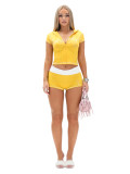 Women Fashion Letter Print Hoodie Crop Top Colorblock Shorts Set
