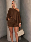 Holiday Women Chic Solid Slash Shoulder Loose Top Shorts Casual Two Piece Set
