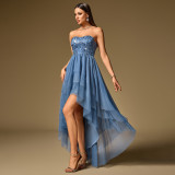 Spring Summer Women Strapless Layered Mesh Irregular Party Mini Dress