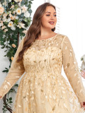 Summer Fall Women Mesh Embroidery Round Neck Plus Size Long Sleeve Evening Dress