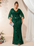 Summer Fall Women V Neck Stretch Sequin Short Sleeve Shawl Plus Size Mermaid Dress