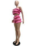 Summer Women Crochet Knitted Ruffle Strapless Lace-Up Beach Shorts Two Piece Set