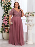 Spring Summer Women Elegant V Neck Short Sleeve Sequin Patchwork Mesh Plus Size Dress