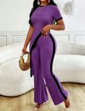 Women Fashion Colorblock Asymmetrical Open Waist Top Wide Leg Pants Set