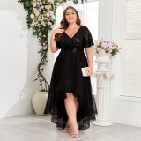 Spring Summer Women Double V Neck Elastic Waist Short Sleeve Irregular Plus Size Midi Dress