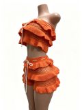Summer Women Crochet Knitted Ruffle Strapless Lace-Up Beach Shorts Two Piece Set