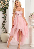 Spring Summer Women Strapless Layered Mesh Irregular Party Mini Dress