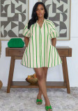 Summer Women Casual V Neck Puff Sleeve Striped Pocket Loose Mini Dress