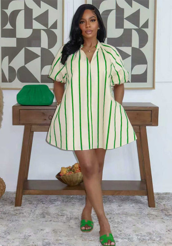Summer Women Casual V Neck Puff Sleeve Striped Pocket Loose Mini Dress