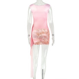 Women Colorblock Printed Slim Fit Round Neck Lace-Up Bodycon Mini Dress