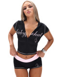 Women Fashion Letter Print Hoodie Crop Top Colorblock Shorts Set