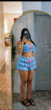 Summer Women Crochet Knitted Ruffle Strapless Lace-Up Beach Shorts Two Piece Set