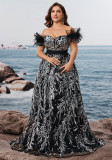 Women Plus Size Off Shoulder Sequin Feather A Line Long Party Evening Dress