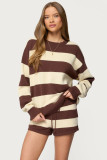 Women Summer Casual Round Neck Striped Patchwork Knitting Top and Shorts Two Piece Set